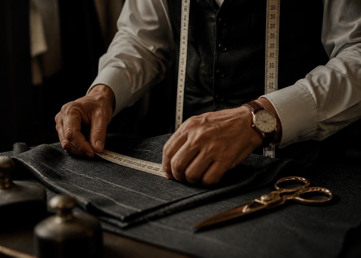 Tailor taking measurements on charcoal wool fabric
